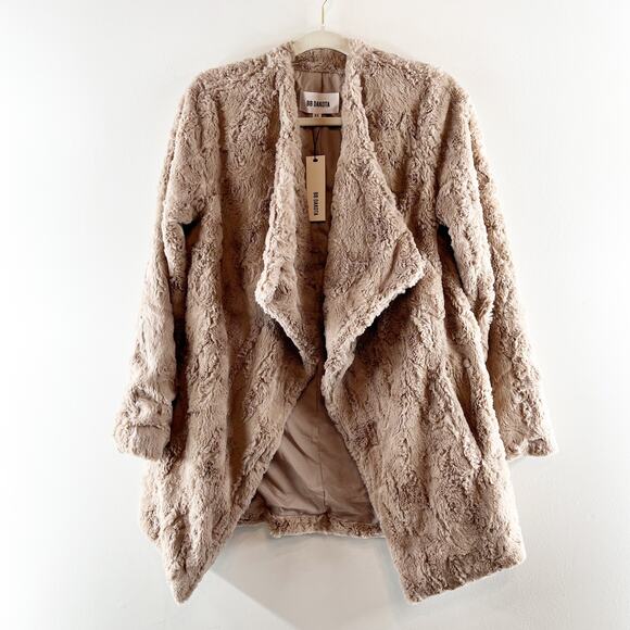 BB Dakota Long Sleeve Asymmetric Waterfall Open Tucker Faux Fur Jacket Tan XS - Picture 4 of 7